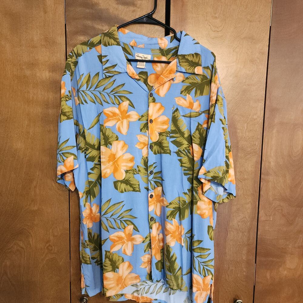 Panama Jack Hawaiian Mens XXL Blue Orange Floral Rayon Aloha Shirt